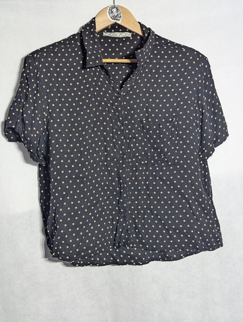 Chloe K Black & Tan Polka Dot Rayon Short Sleeve Button Down Blouse L